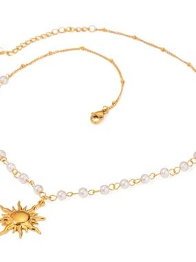 Gold Sun Pendant Pearl Chain Necklace - Women Jewelry